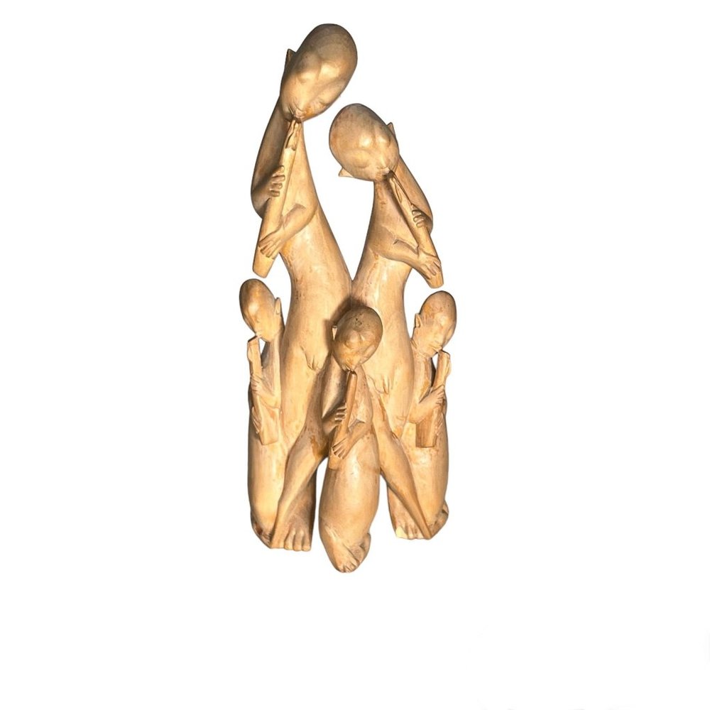 Hand Carved Wooden Figure Five Flute Players Rustic Indonesian Decor Bohemian